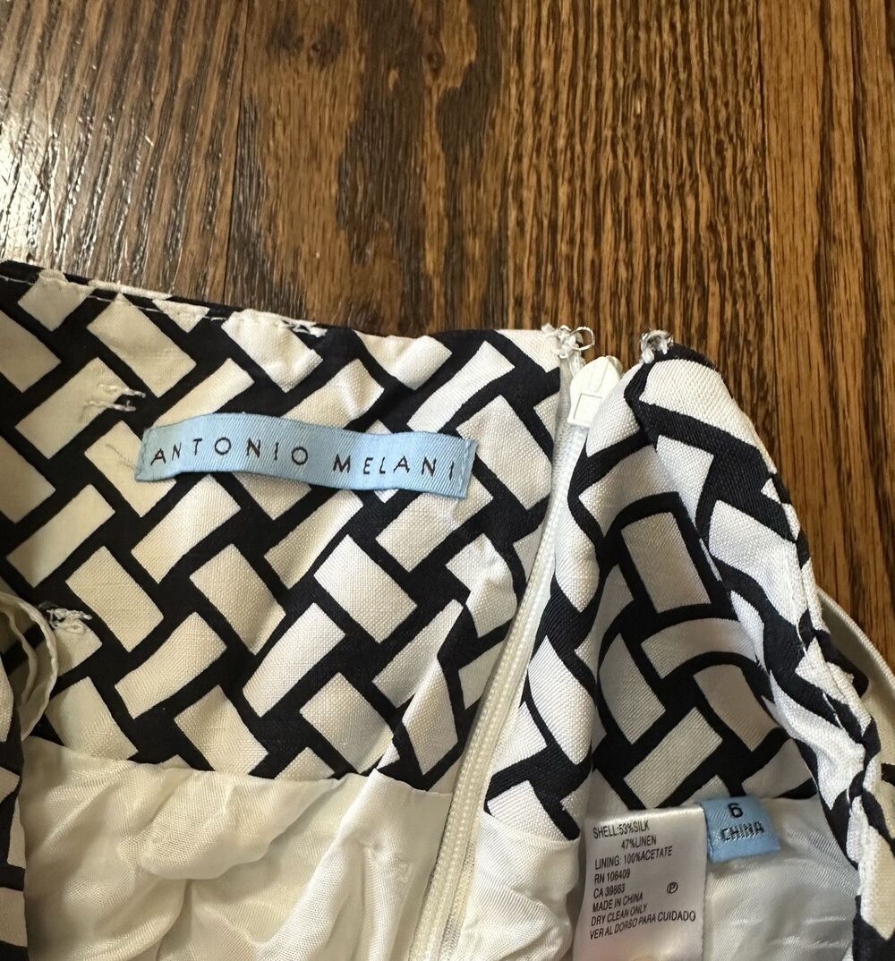 ANTONIO MELANI Linen/Silk Blend Black White Pencil Skirt Pockets Sz 6 Lined EUC - Picture 2 of 8